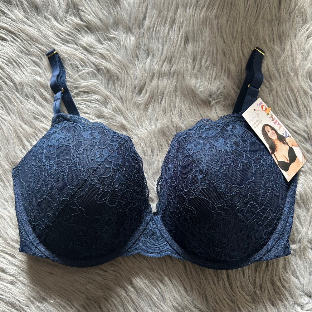 Joyspun Push Up Bra Womens Size 36DD Blue Floral Lace Padded Underwire